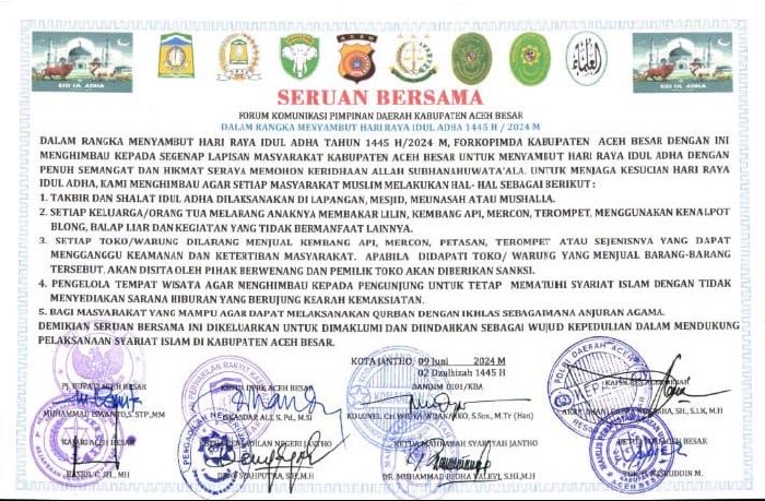 Seruan bersama Forkopimda Aceh Besar dalam rangka menyambut Hari Raya Idul Adha 1445 Hijriyah. (noa.co.id/FA)