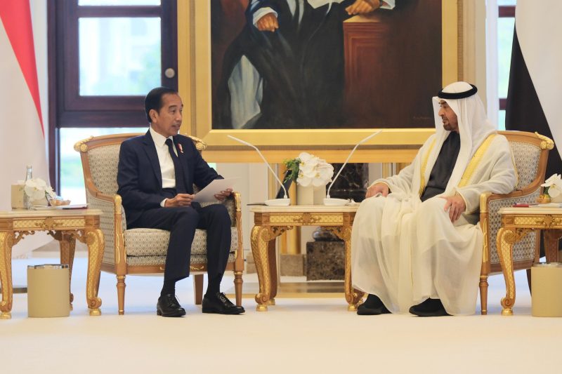 Presiden Jokowi Widodo (Pertama Kiri) melakukan pertemuan bilateral dengan Presiden Persatuan Emirat Arab (PEA), Yang Mulia Mohamed bin Zayed atau dikenal dengan sebutan MBZ di Istana Al Watan, Abu Dhabi, Rabu (17/7/2024). (NOA.co.id FOTO/HO/Kemlu RI).